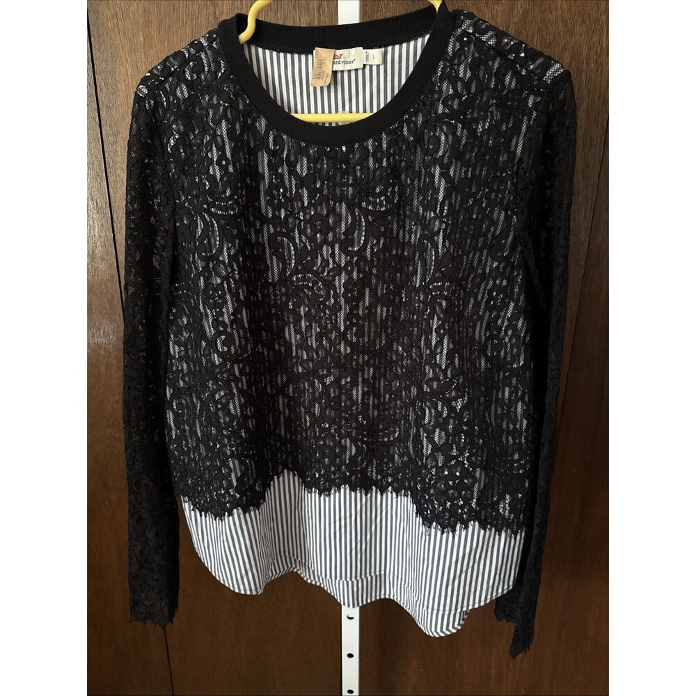 Vineyard Vines Black Lace Overlay Over Blue Stripe Blouse Women's L Whimsygoth